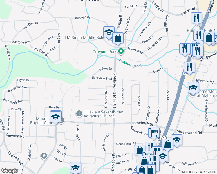 map of restaurants, bars, coffee shops, grocery stores, and more near 957 Elizabeth Drive in Birmingham
