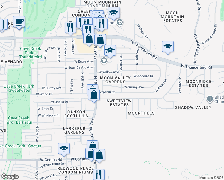 map of restaurants, bars, coffee shops, grocery stores, and more near 1803 West Wood Drive in Phoenix