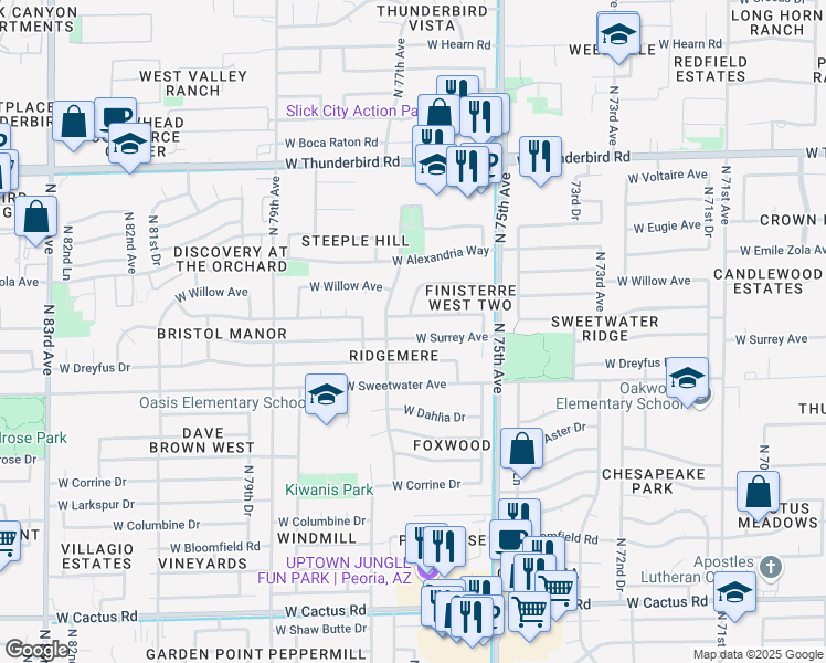 map of restaurants, bars, coffee shops, grocery stores, and more near 7620 West Surrey Avenue in Peoria