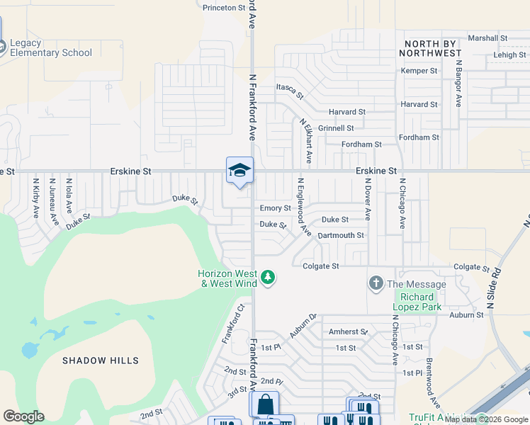 map of restaurants, bars, coffee shops, grocery stores, and more near 5738 Duke Street in Lubbock