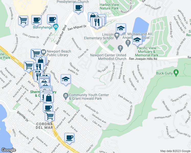 map of restaurants, bars, coffee shops, grocery stores, and more near 8 Barrier Reef Drive in Newport Beach