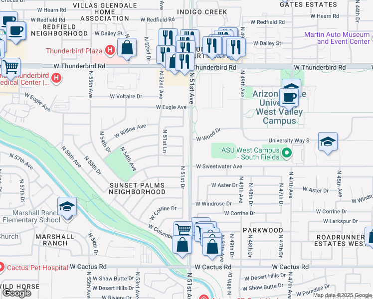 map of restaurants, bars, coffee shops, grocery stores, and more near 13025 North 51st Drive in Glendale