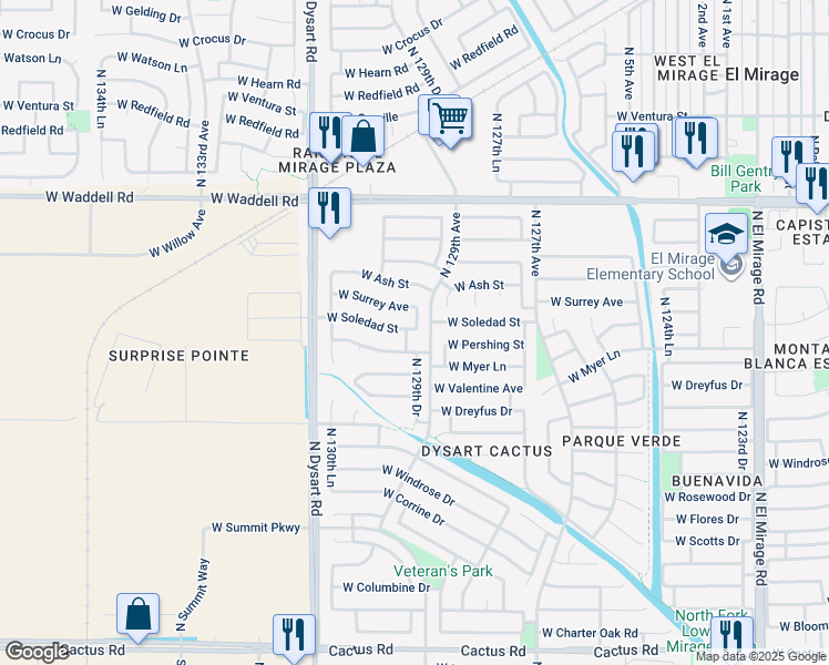 map of restaurants, bars, coffee shops, grocery stores, and more near 12905 West Soledad Street in El Mirage