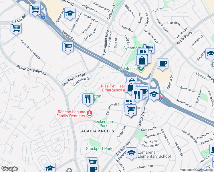 map of restaurants, bars, coffee shops, grocery stores, and more near 24821 Hon Avenue in Laguna Hills