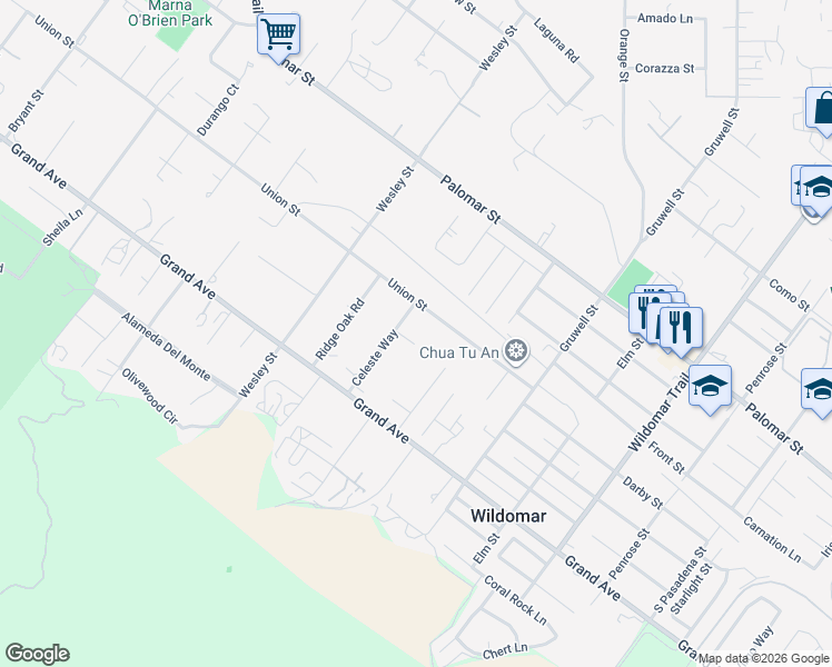 map of restaurants, bars, coffee shops, grocery stores, and more near 21165 Denise Court in Wildomar