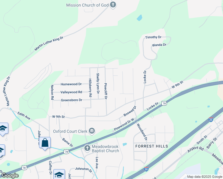 map of restaurants, bars, coffee shops, grocery stores, and more near 942 Timber Lane in Oxford