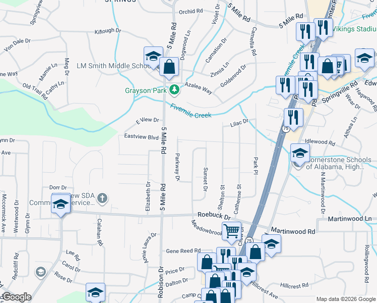 map of restaurants, bars, coffee shops, grocery stores, and more near 953 Parkway Drive in Birmingham