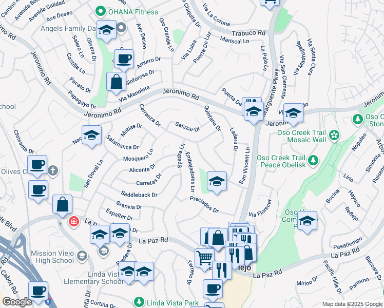 map of restaurants, bars, coffee shops, grocery stores, and more near 24662 Embajadores Lane in Mission Viejo