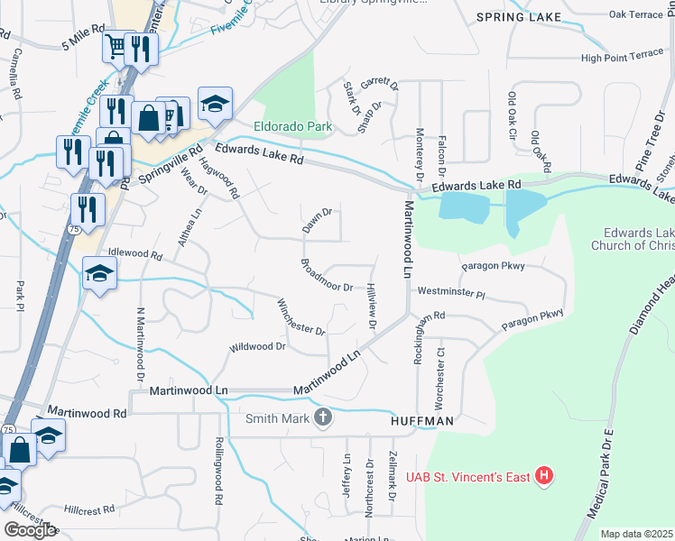 map of restaurants, bars, coffee shops, grocery stores, and more near 1015 Belle Meade Drive in Birmingham