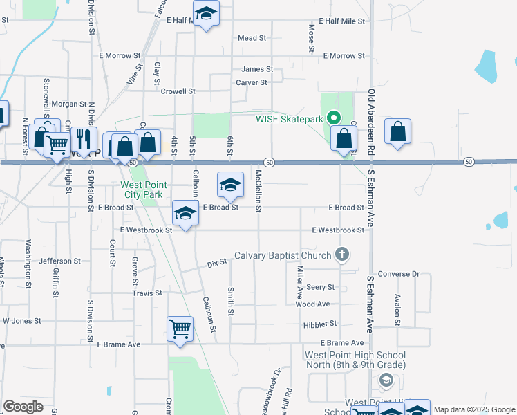 map of restaurants, bars, coffee shops, grocery stores, and more near East Broad Street in West Point