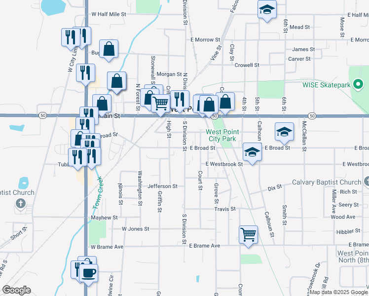map of restaurants, bars, coffee shops, grocery stores, and more near 104 West Broad Street in West Point