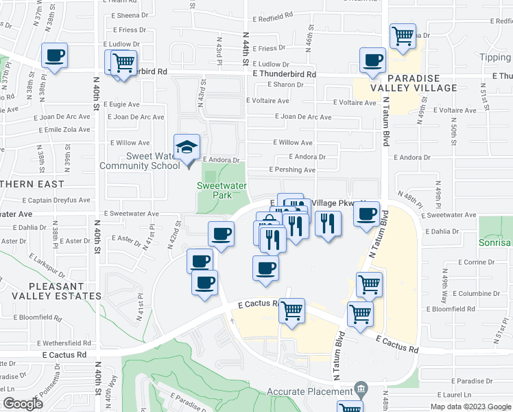 map of restaurants, bars, coffee shops, grocery stores, and more near 4415 East Paradise Village Parkway North in Phoenix
