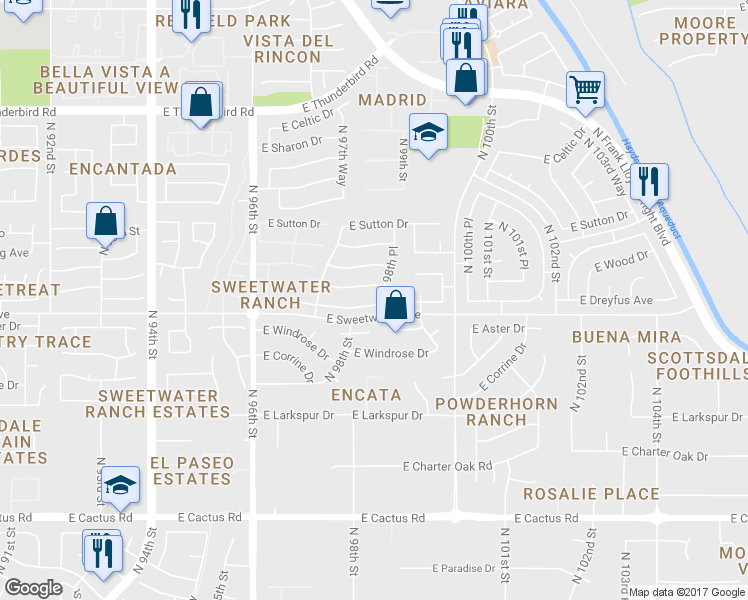 map of restaurants, bars, coffee shops, grocery stores, and more near 9851 East Dreyfus Avenue in Scottsdale