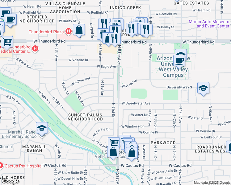 map of restaurants, bars, coffee shops, grocery stores, and more near 13025 North 51st Drive in Glendale