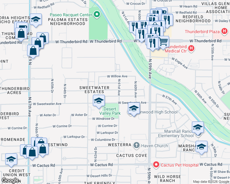 map of restaurants, bars, coffee shops, grocery stores, and more near 6116 West Wood Drive in Glendale