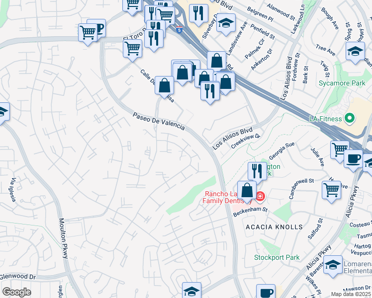 map of restaurants, bars, coffee shops, grocery stores, and more near 151 Avenida Majorca in Laguna Woods
