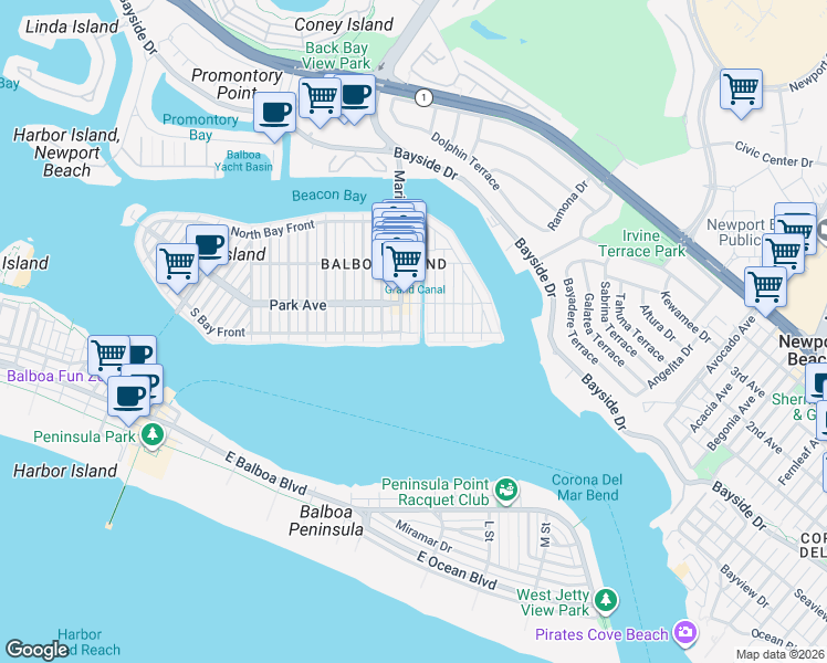 map of restaurants, bars, coffee shops, grocery stores, and more near 1404 South Bay Front in Newport Beach