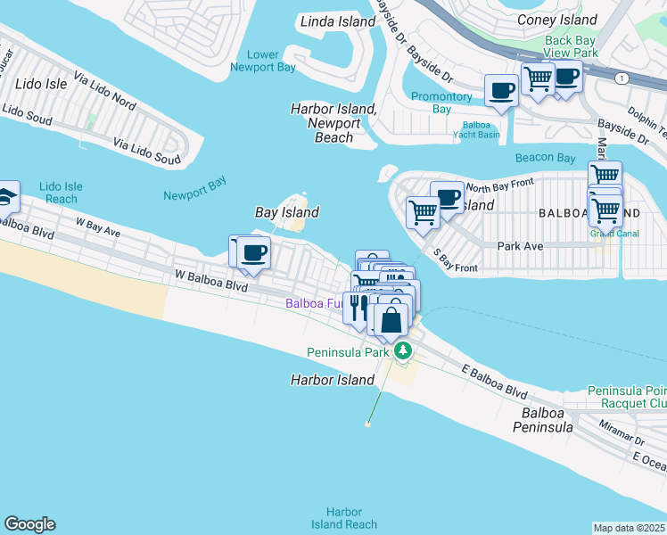 map of restaurants, bars, coffee shops, grocery stores, and more near 315 Fernando Street in Newport Beach