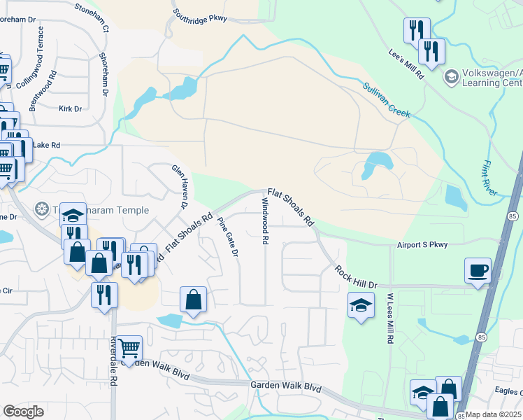 map of restaurants, bars, coffee shops, grocery stores, and more near 5505 Windwood Road in Atlanta