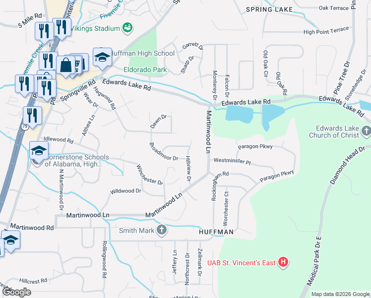 map of restaurants, bars, coffee shops, grocery stores, and more near 904 Hillview Drive in Birmingham