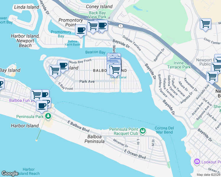 map of restaurants, bars, coffee shops, grocery stores, and more near 108 Onyx Avenue in Newport Beach