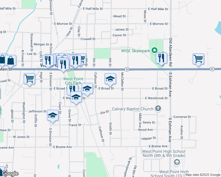 map of restaurants, bars, coffee shops, grocery stores, and more near East Broad Street in West Point
