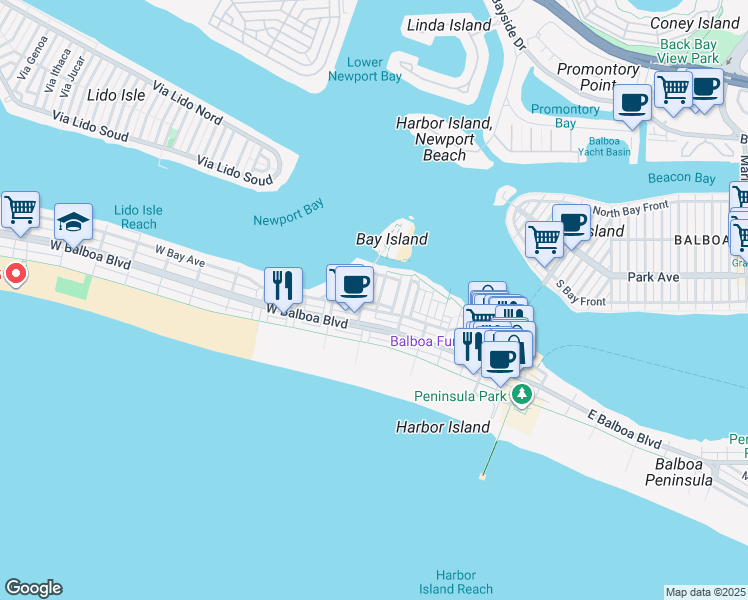 map of restaurants, bars, coffee shops, grocery stores, and more near 104 East Bay Avenue in Newport Beach