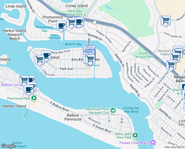 map of restaurants, bars, coffee shops, grocery stores, and more near 1404 South Bay Front in Newport Beach