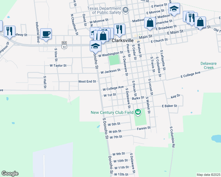 map of restaurants, bars, coffee shops, grocery stores, and more near 900 South Grove Street in Clarksville