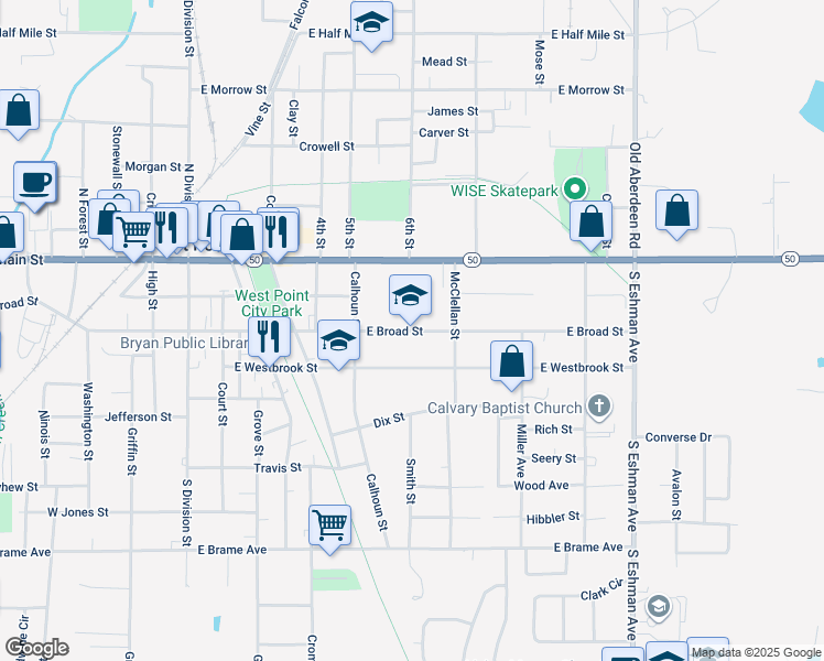 map of restaurants, bars, coffee shops, grocery stores, and more near 813 East Broad Street in West Point
