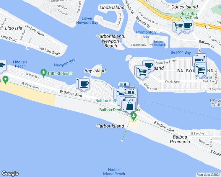 map of restaurants, bars, coffee shops, grocery stores, and more near 311 Edgewater Place in Newport Beach