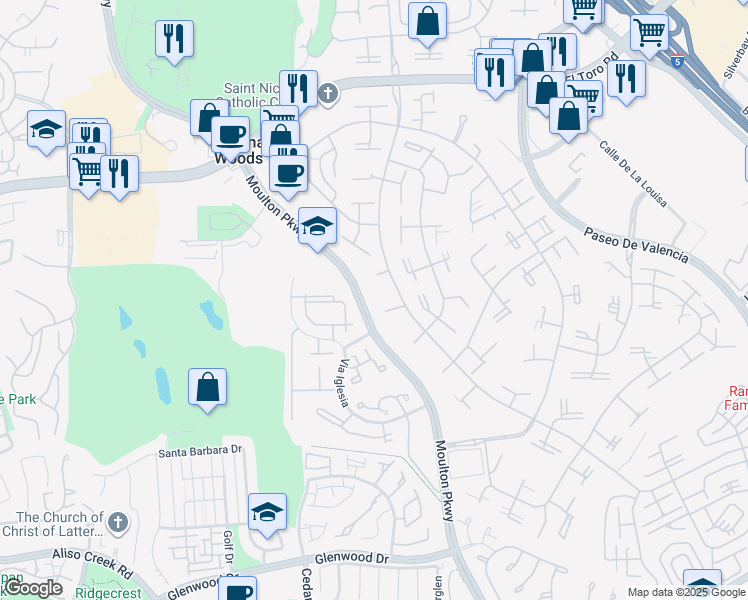 map of restaurants, bars, coffee shops, grocery stores, and more near 341 Avenida Sevilla in Laguna Woods
