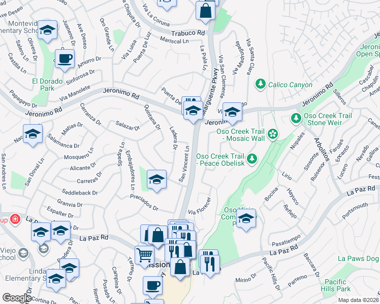 map of restaurants, bars, coffee shops, grocery stores, and more near 24662 San Vincent Lane in Mission Viejo