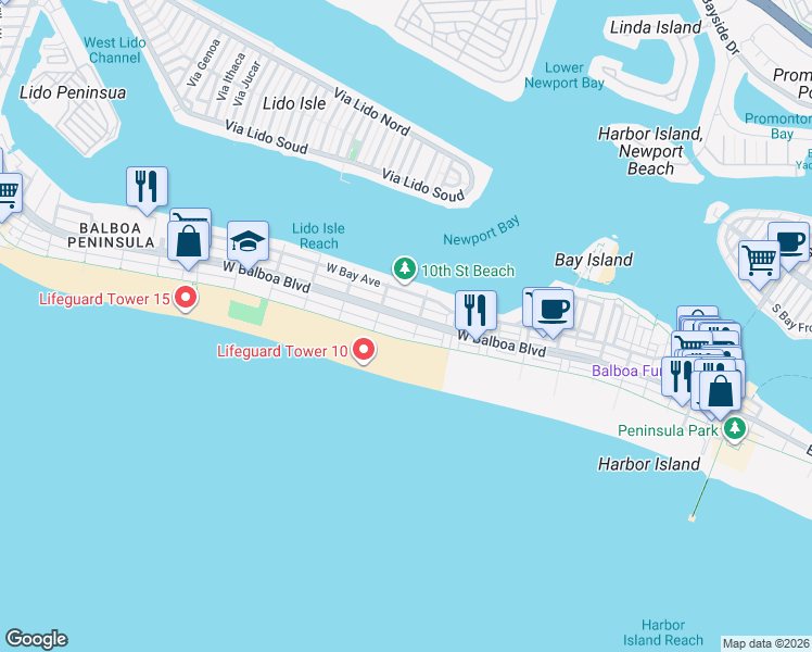 map of restaurants, bars, coffee shops, grocery stores, and more near 913 West Balboa Boulevard in Newport Beach