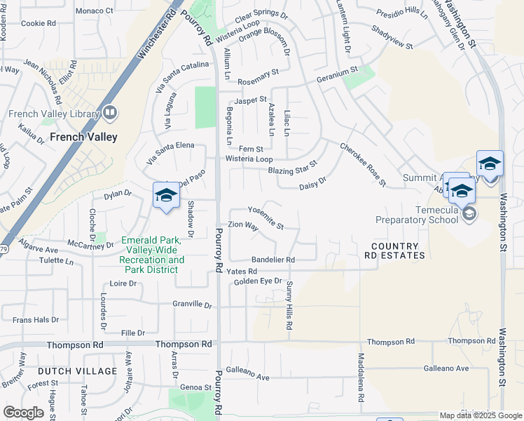 map of restaurants, bars, coffee shops, grocery stores, and more near 32144 Yosemite Street in Winchester