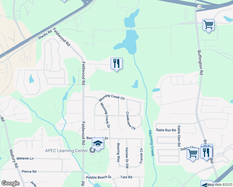 map of restaurants, bars, coffee shops, grocery stores, and more near 5475 Morning Creek Circle in Atlanta