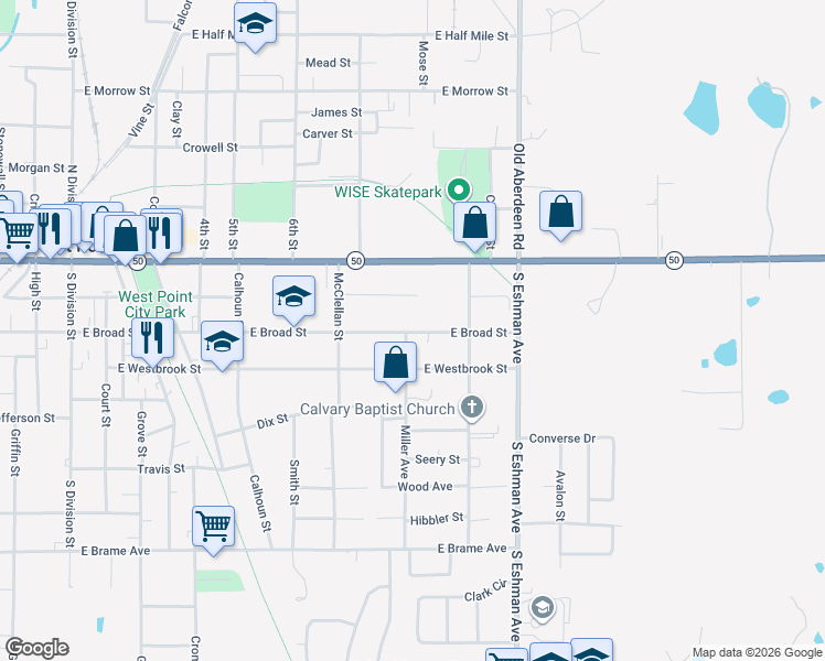 map of restaurants, bars, coffee shops, grocery stores, and more near 998 E Broad St in West Point