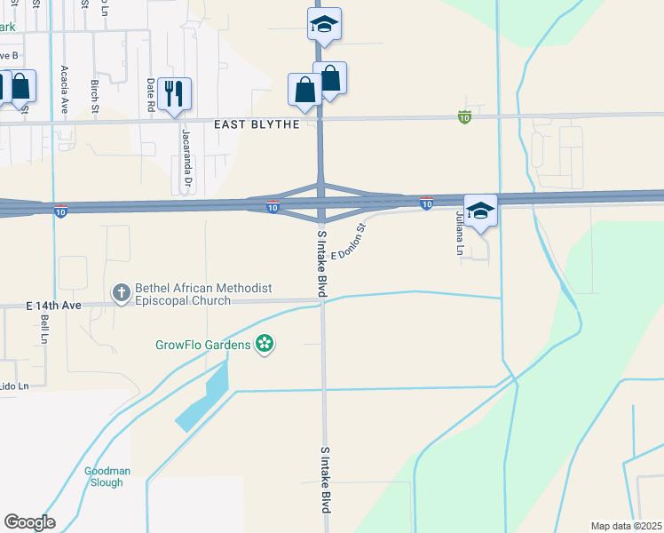 map of restaurants, bars, coffee shops, grocery stores, and more near East Donlon Street in Blythe