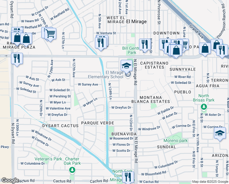 map of restaurants, bars, coffee shops, grocery stores, and more near 12414 West Pershing Street in El Mirage