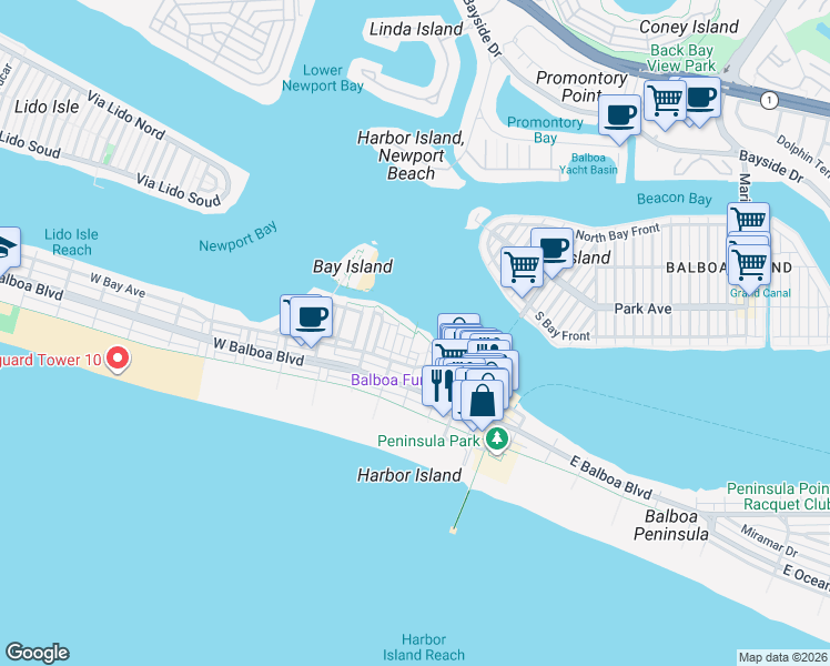 map of restaurants, bars, coffee shops, grocery stores, and more near 315 Fernando Street in Newport Beach