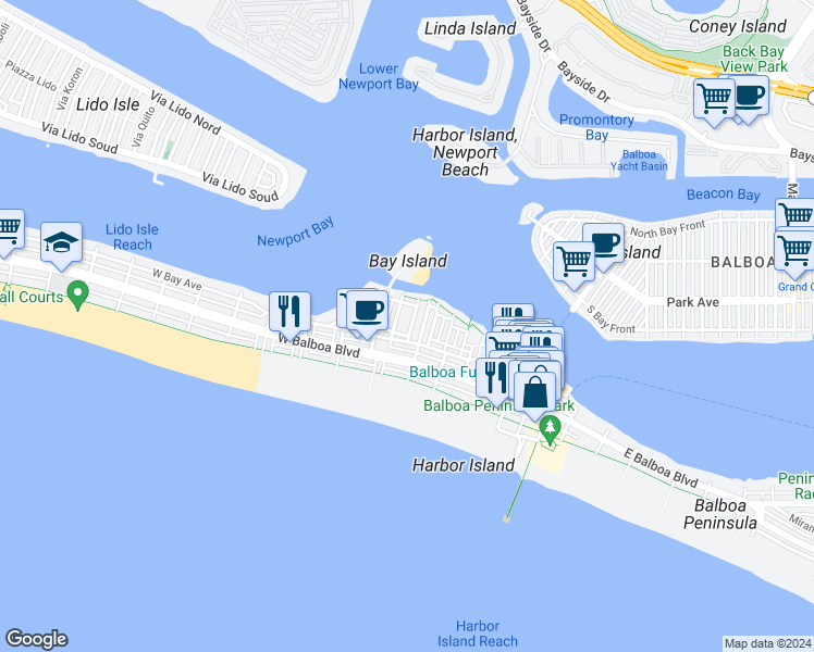 map of restaurants, bars, coffee shops, grocery stores, and more near 311 Montero Street in Newport Beach