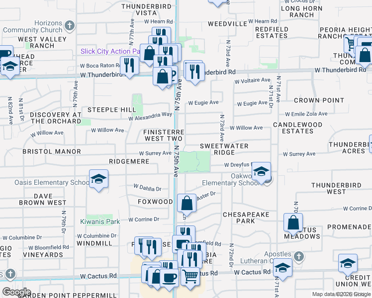 map of restaurants, bars, coffee shops, grocery stores, and more near 7431 West Pershing Avenue in Peoria