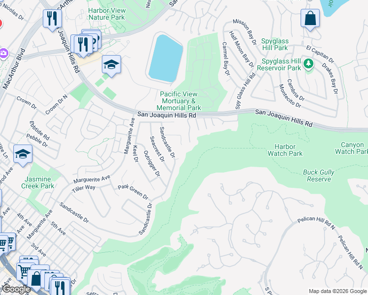 map of restaurants, bars, coffee shops, grocery stores, and more near 3726 Blue Key in Newport Beach