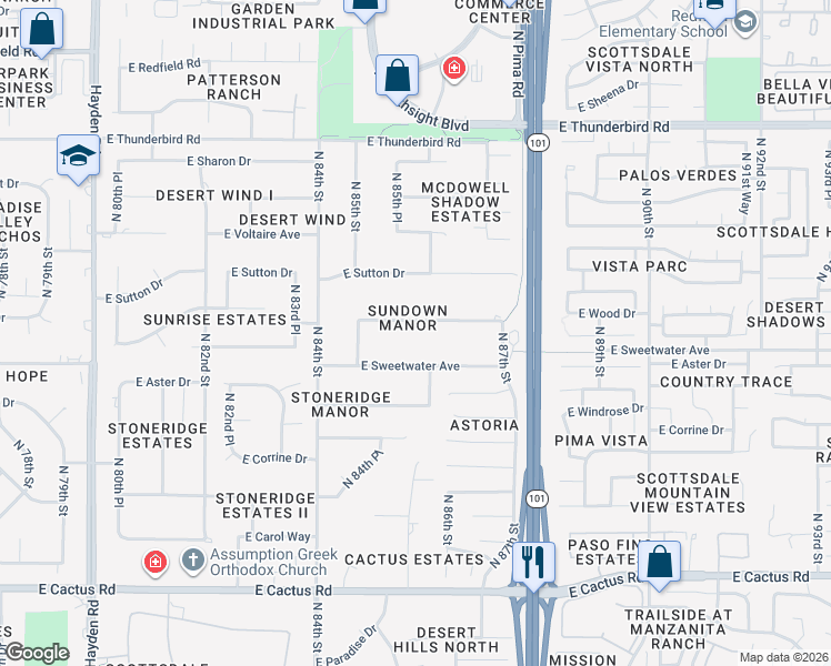 map of restaurants, bars, coffee shops, grocery stores, and more near 8602 East Sweetwater Avenue in Scottsdale