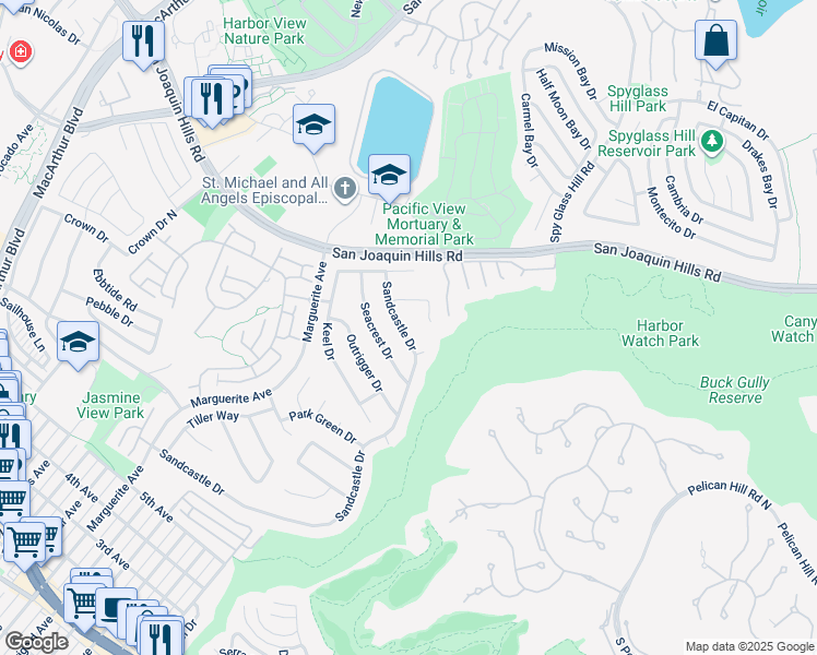 map of restaurants, bars, coffee shops, grocery stores, and more near 1516 Sandcastle Drive in Newport Beach