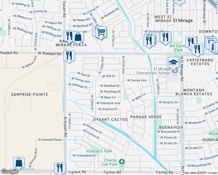 map of restaurants, bars, coffee shops, grocery stores, and more near 12750 West Pershing Street in El Mirage