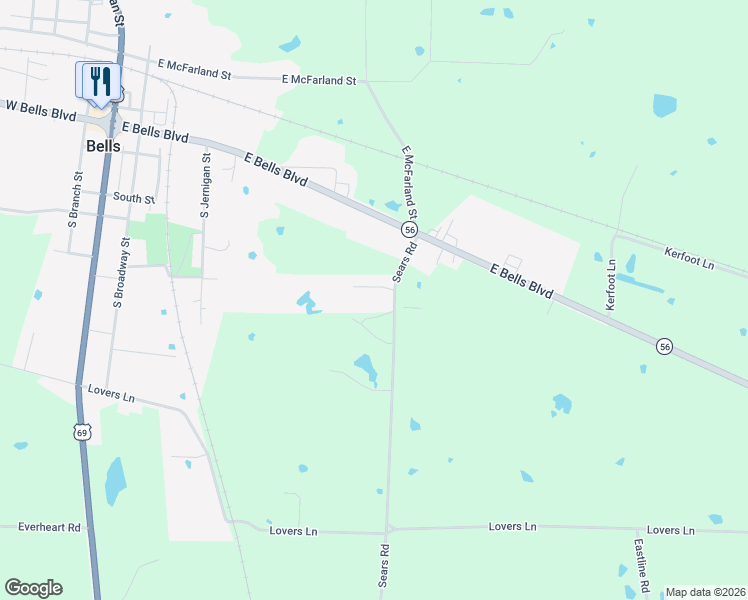 map of restaurants, bars, coffee shops, grocery stores, and more near 169 Sears Road in Bells