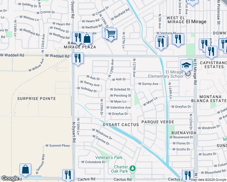map of restaurants, bars, coffee shops, grocery stores, and more near 12821 West Soledad Street in El Mirage