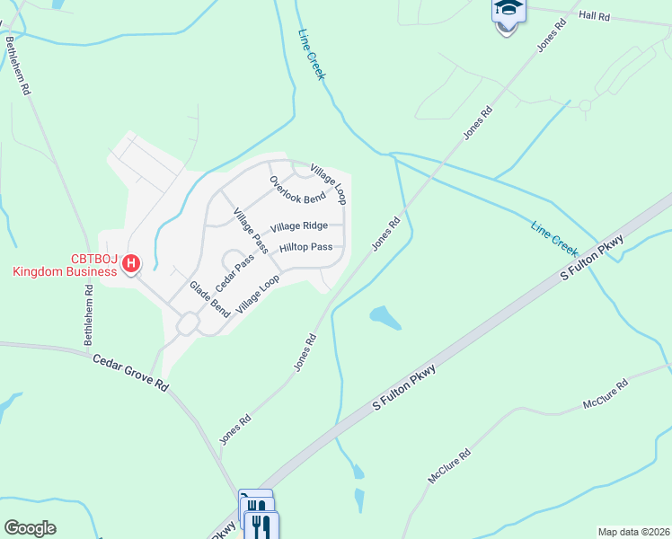 map of restaurants, bars, coffee shops, grocery stores, and more near 5765 Village Loop in Fairburn