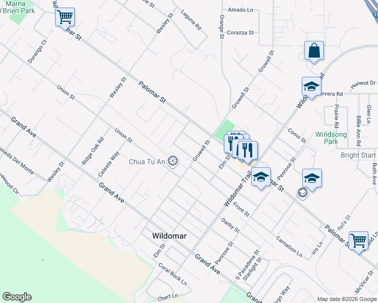 map of restaurants, bars, coffee shops, grocery stores, and more near 21302 Illinois Street in Wildomar